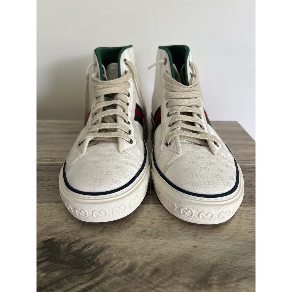 Size 11 - Gucci Tennis 1977 High Top White Mini GG Sneakers Stripe Shoes - Picture 8 of 11